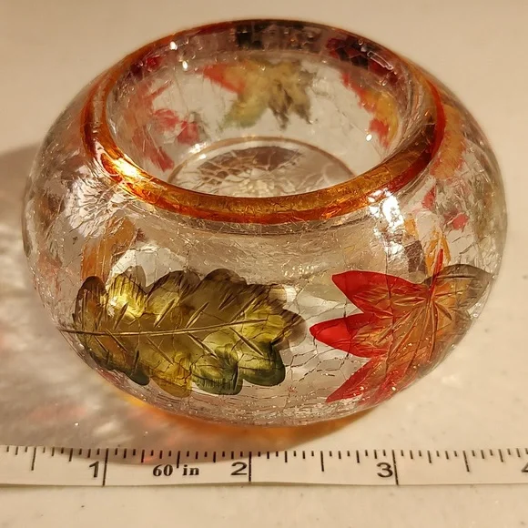 Yankee Candle Crackle Glass Leaves Tealight Holder, New In Box, Autumn Leaves - Picture 4 of 5